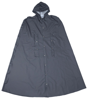 Klassisches graues  Regencape, angenehm zu tragen, robust,  mit Druckknöpfen, einer Kapuze und Armschlitzen